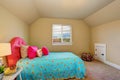 Large beige girl bedroom interior with pink bed