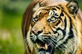 Large Bengal Tiger is snarling with bared teeth, facing an off-camera threat Royalty Free Stock Photo