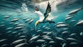 Large Bird Diving to Catch a Fish Underwater. Concept Predator-prey dynamics Royalty Free Stock Photo