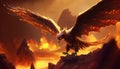 a large bird flying over a rocky mountain side in a fire filled sky with flames and rocks in the foreground and a mountain in the