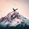 A large bird flying over a snow covered mountain. Generative AI image. Royalty Free Stock Photo