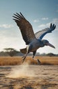 Majestic Shoebill Stork Taking Flight Over the African Savannah at Sunset Royalty Free Stock Photo