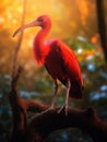 Large bird perched on top of branch in forest. This red-feathered bird is positioned near end of branch, with its beak facing