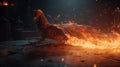 a large bird standing on top of a fire filled floor