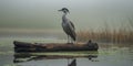 A large bird stands on a log in a murky body of water. Royalty Free Stock Photo