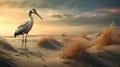 Asian Heron On Sand Dune At Sunset - Photorealistic Landscape