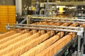 Large biscuit factory. A line of biscuits in a large factory. Packing crackers on the machine. Innovative production.