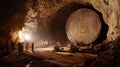 A large bitcoin coin in a dark cave with miners, symbolizing cryptocurrency mining Royalty Free Stock Photo