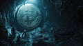 A large bitcoin coin in a dark cave with miners, symbolizing cryptocurrency mining Royalty Free Stock Photo