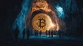 A large bitcoin coin in a dark cave with miners, symbolizing cryptocurrency mining Royalty Free Stock Photo