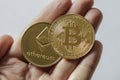 A Large Bitcoin and Etherium Token in hand Royalty Free Stock Photo