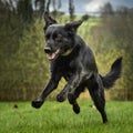 Large black dog jumping and ready to pounce on something.