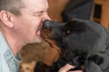 A large black dog licks a man`s face. Adult female Rottweiler dog kissing the owner. An adult male with his eyes closed with Royalty Free Stock Photo