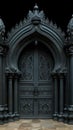 A large black door with ornate carvings on it, AI