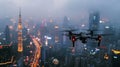 Large Black Drone Plane Flying Over City