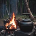 Large black kettle on hearth in a camp in the forest. bonfire at night.