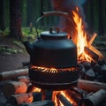 Large black kettle on hearth in a camp in the forest. bonfire at night.