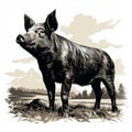Black And White Boar Drawing: Detailed Portrait In Ink-wash Landscape