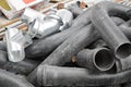 Large black plastic sewer plumbing pipes for the construction of water pipes or sewers at a construction site during the repair. Royalty Free Stock Photo