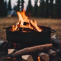 A large black pot containing a roaring fire, with a pile of wood logs nearby