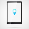 Large black realistic mobile smart touch sensitive slim tablet computer with blue label icon for gps with glossy blank glowing scr Royalty Free Stock Photo