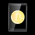 A large black realistic mobile smart touch-sensitive slim tablet computer with a gold coin bitcoin, a crypto-currency on the displ