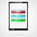 Large black realistic mobile smart touch-sensitive slim tablet computer with shadow with glass buttons sale, buy, sell on display Royalty Free Stock Photo