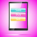 Large black realistic mobile smart touch-sensitive slim tablet computer with shadow with glass buttons sale, buy, sell on display Royalty Free Stock Photo