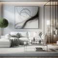 A large black and white painting hangs above a white couch in a modern living room. Royalty Free Stock Photo