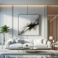 A large black and white painting hangs above a white couch in a modern living room. Royalty Free Stock Photo