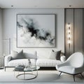 A large black and white painting hangs above a white couch in a modern living room. Royalty Free Stock Photo