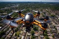 A large black and yellow drone flying over a city of houses