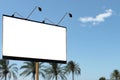 Large blank billboard mockup on summer blue sky and palm trees background