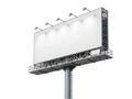 Large blank billboard on metal structure with spotlights against white background for advertising purposes Royalty Free Stock Photo