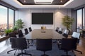 Large blank screen in the office meeting room. Mid-century modern interior style. Table, chair seats, presentation Royalty Free Stock Photo
