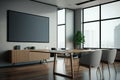 Large blank screen in the office meeting room. Mid-century modern interior style. Table, chair seats, presentation Royalty Free Stock Photo