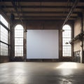 Large blank white board sits in an old factory converted into a contemporary studio