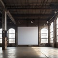 Large blank white board sits in an old factory converted into a contemporary studio