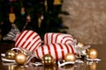 Large Blown Glass Peppermint Candy, Small Christmas Bulbs and snowflakes Royalty Free Stock Photo