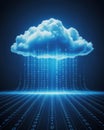 A large blue cloud with binary code rain over a glowing digital ground Royalty Free Stock Photo