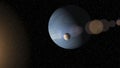 Large blue gas giant planet and a moon orbiting close to a red star Royalty Free Stock Photo