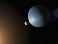 Large blue gas giant planet and a moon orbiting close to a red star Royalty Free Stock Photo