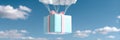 Generative AI Cheerful Hot Air Balloon Floating with Gift Box Basket in Bright Blue Sky business concept. Royalty Free Stock Photo
