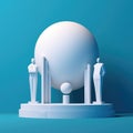 Large, blue globe on top of pedestal. Three small statues are positioned around base of pedestal, with one standing in