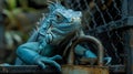 A large blue iguana sitting on top of a fence with its head sticking out, AI