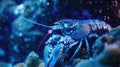 A large blue lobster sitting on top of a rock, often used in decorative or educational settings Royalty Free Stock Photo