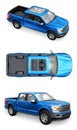 A large blue modern pickup truck with a double cab, glowing headlights on a white uniform background. 3d rendering.