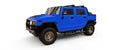 Large blue off-road pickup truck for countryside or expeditions on white isolated background. 3d illustration.