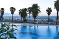 Large blue pool in a luxury hotel by sea. swimming in the outdoor pool in tropics