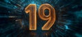 Large blue tech illuminated digital fluorescent glowing number 19 Nineteen in the information data Royalty Free Stock Photo